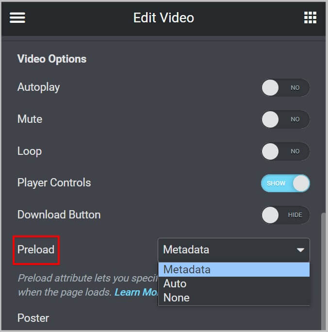 Preload attribute in video widget in Elementor 3.10