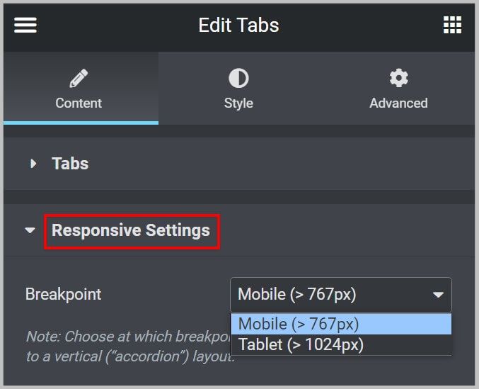 Responsive settings in new Tabs widget in Elementor 3.10