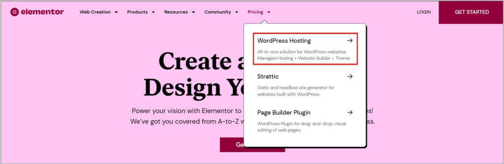 Select WordPress Hosting on homepage to Buy Elementor Cloud Website subscription