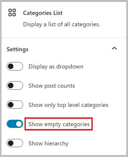Show empty categories option in Categories List block after WordPress 6.1 update