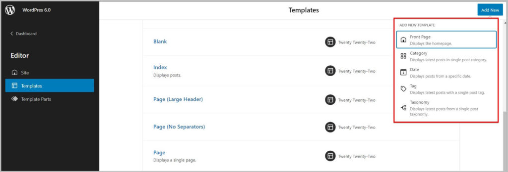 Templates in Site Editor before WordPress 6.1