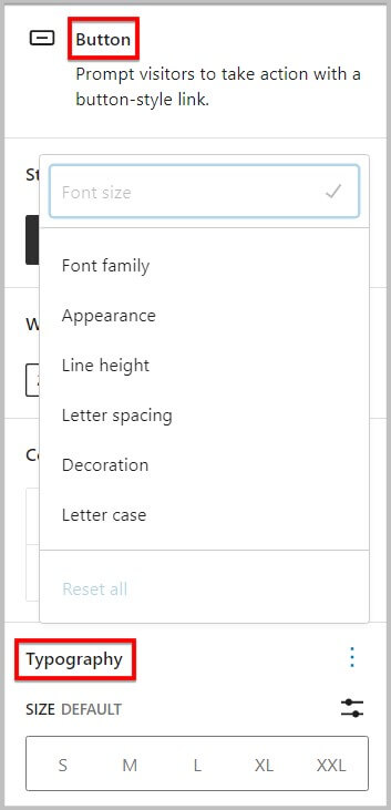 Typography controls in Button block before WordPress 6.1