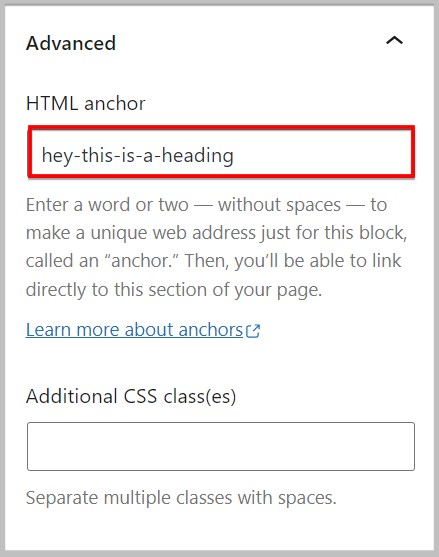 Anchor text automatically generated for headings in advanced tab