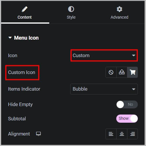 Custom Icon in Menu Cart widget after Elementor Pro 3.12