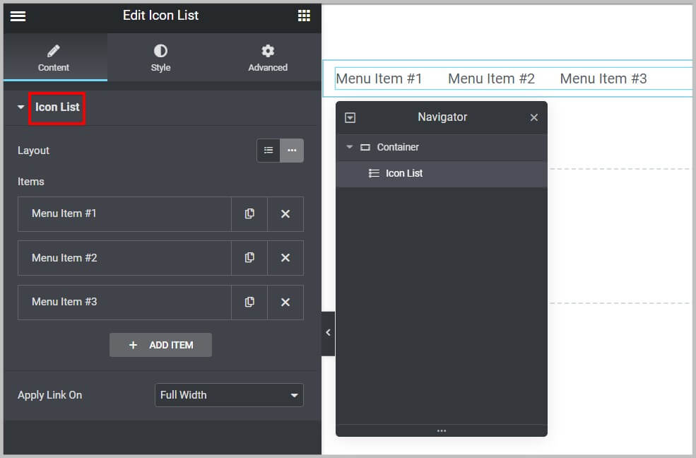 Custom menu using Icon List widget before Elementor Pro 3.12
