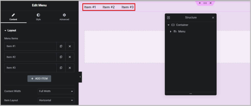 Menu created using new Menu widget in Elementor Pro 3.12
