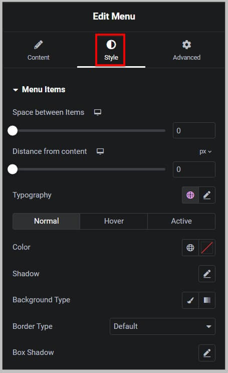 Style settings for new Menu widget in Elementor Pro 3.12