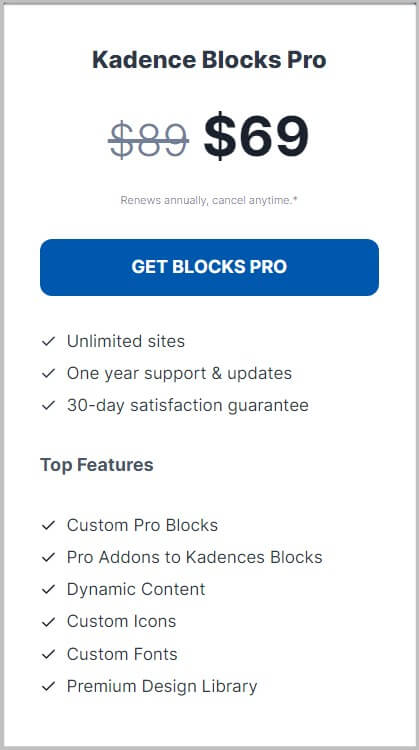 Kadence Blocks pricing and plans
