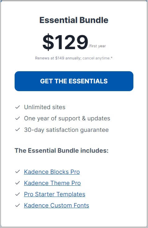 Kadence Essential Bundle Pricing and plan