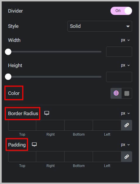 Divider color, border radius and padding in Menu widget in Elementor Pro 3.14