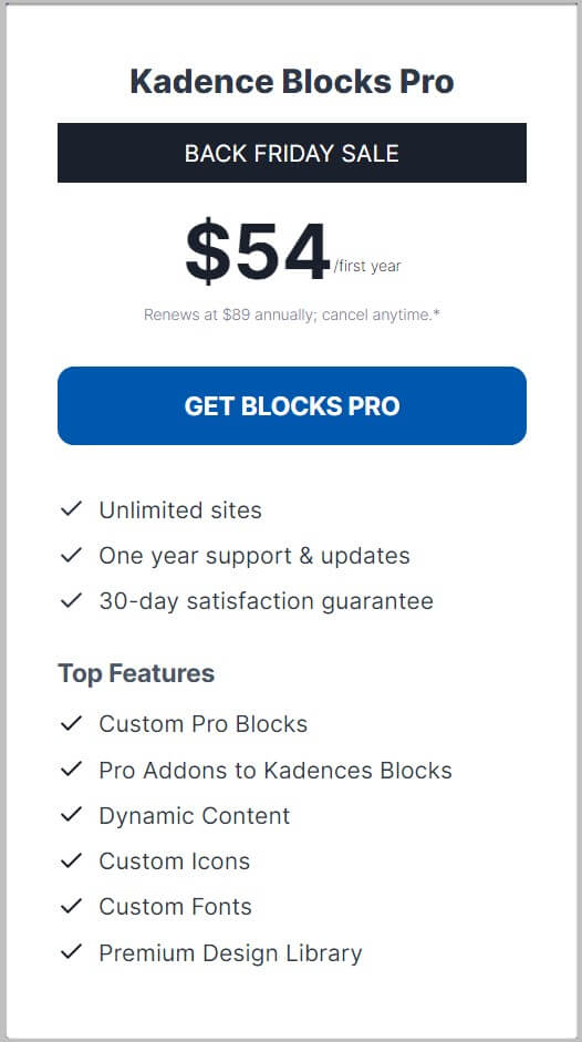 Kadence Blocks Black Friday 2023 pricing