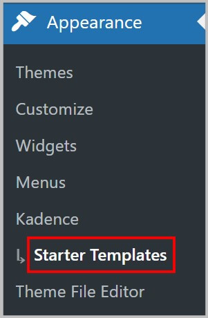 Kadence Starter Templates option in Appearance